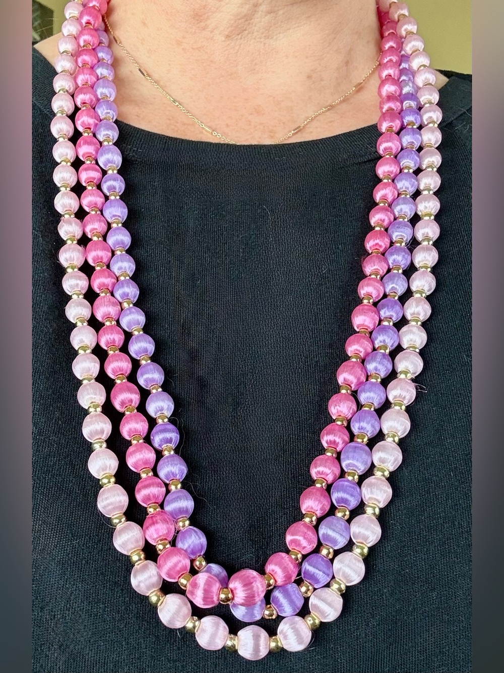 Vintage 1980s Set of 3 Satin Thread Beaded Necklaces